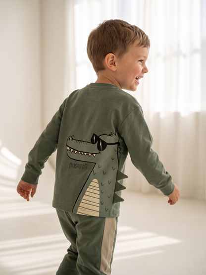 Sage Alligator | Chlapčenské tričko s dlhým rukávom - voľný strih