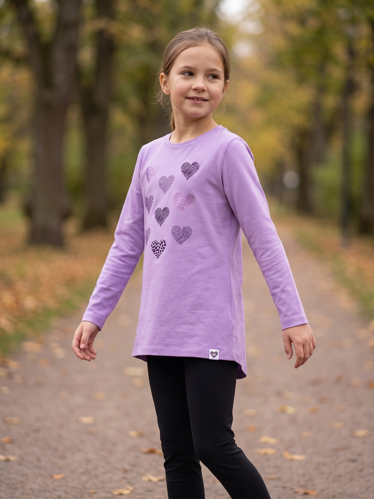 Lilac Shiny Hearts | Dievčenská tunika s dlhým rukávom - klasický strih