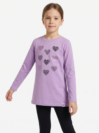 Lilac Shiny Hearts | Dievčenská tunika s dlhým rukávom - klasický strih