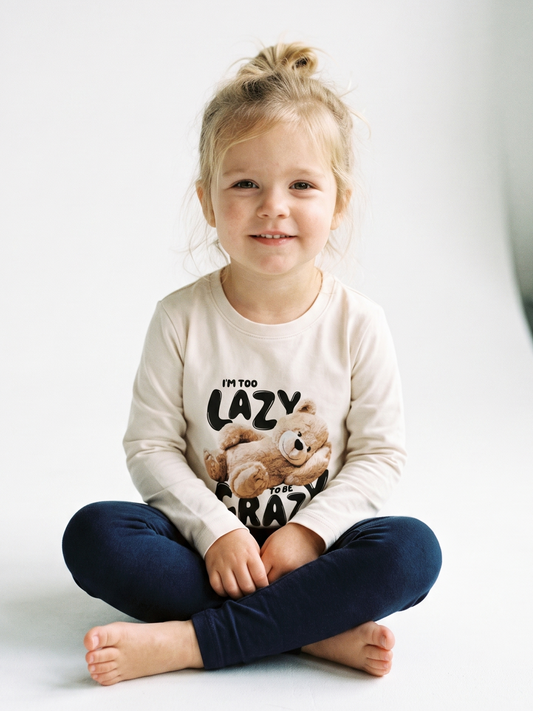 White Lazy Teddy | Dievčenské tričko s dlhým rukávom - voľný strih