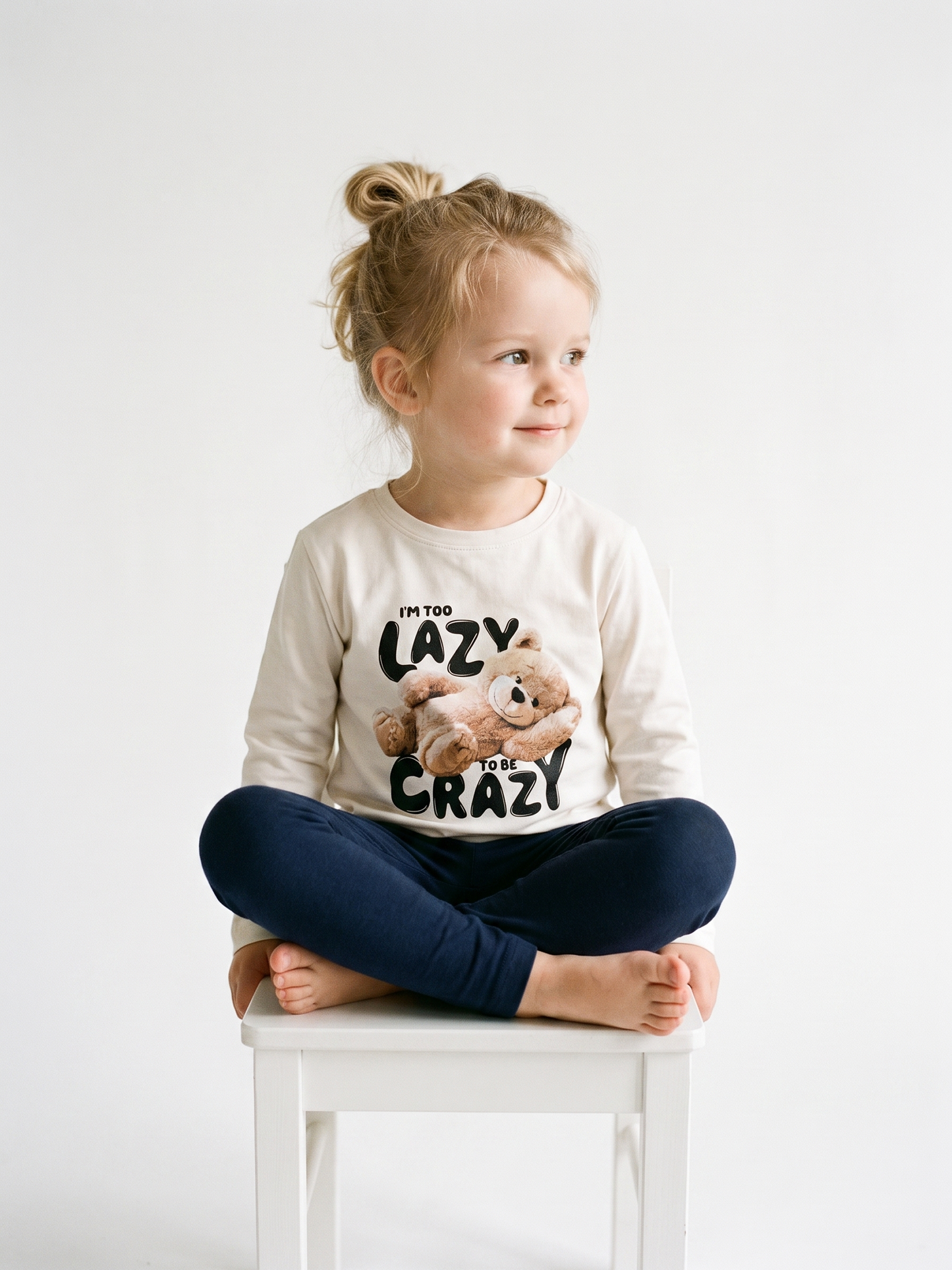 White Lazy Teddy | Dievčenské tričko s dlhým rukávom - voľný strih