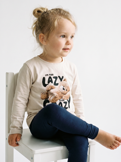 White Lazy Teddy | Dievčenské tričko s dlhým rukávom - voľný strih