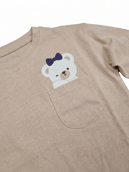 Beige Pocket Teddy | Dievčenské tričko s dlhým rukávom - voľný strih