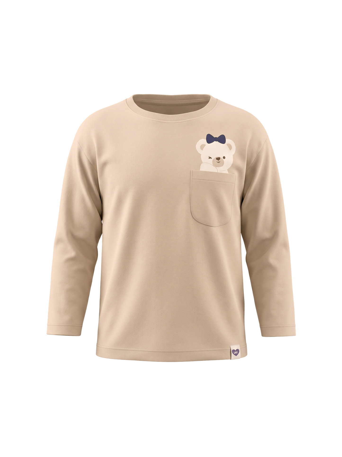 Beige Pocket Teddy | Dievčenské tričko s dlhým rukávom - voľný strih