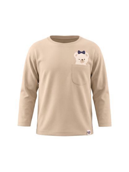 Beige Pocket Teddy | Dievčenské tričko s dlhým rukávom - voľný strih