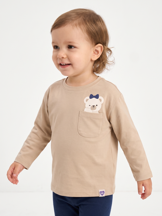 Beige Pocket Teddy | Dievčenské tričko s dlhým rukávom - voľný strih