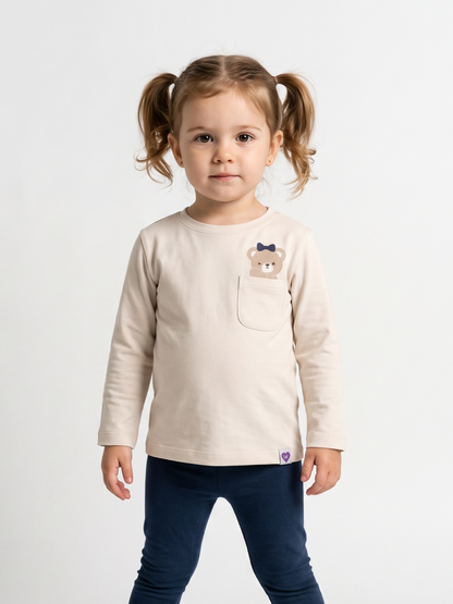 White Pocket Teddy | Dievčenské tričko s dlhým rukávom