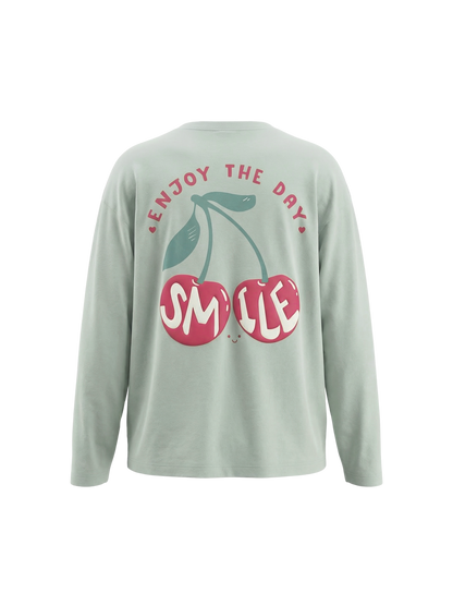 Mint Cherry Smile | Dievčenské tričko s dlhým rukávom - voľný strih